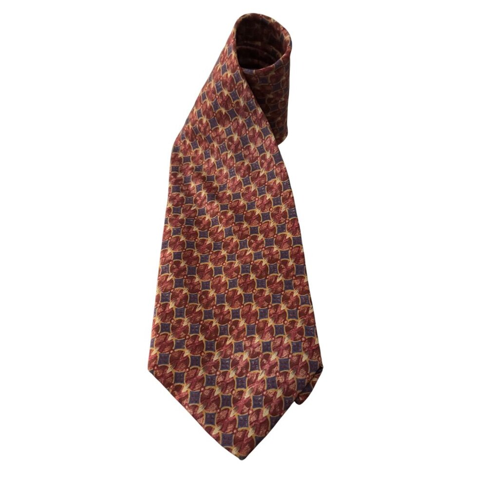 Calvin Klein Mens 100% Silk Necktie Geometric Pattern Red & Blue Made In USA